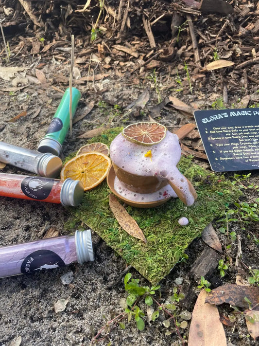 natural setting of potion vials and wooden cauldron moss mat and dried citrus pieces potion play