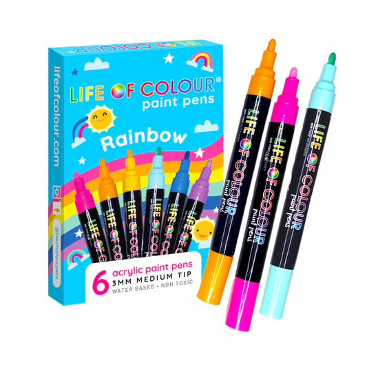 Rainbow Colours 3mm Medium Tip Acrylic Paint Pens – Set of 6 Life of Colour